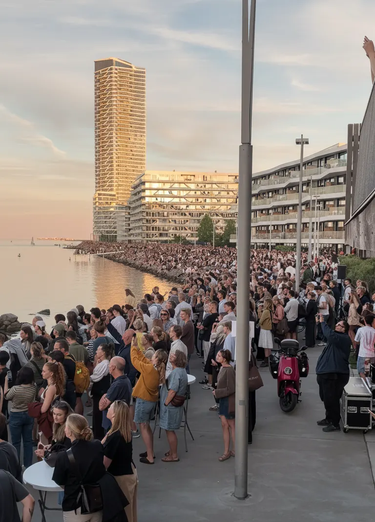 Stor menneskemængde ved havnen ved solnedgang til et event