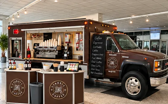 Den samme lastbil i dag som brun Classic Coffee-kaffebil med komplet kaffebar
