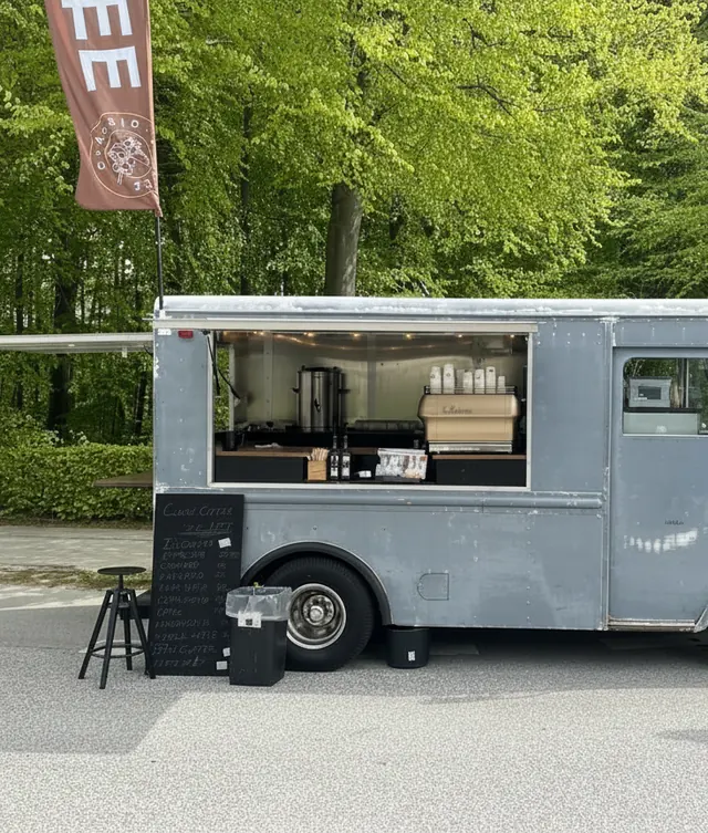 Den grå Classic Coffee-kaffebil med åbent skod i en skov, flag med Classic Coffee-logo